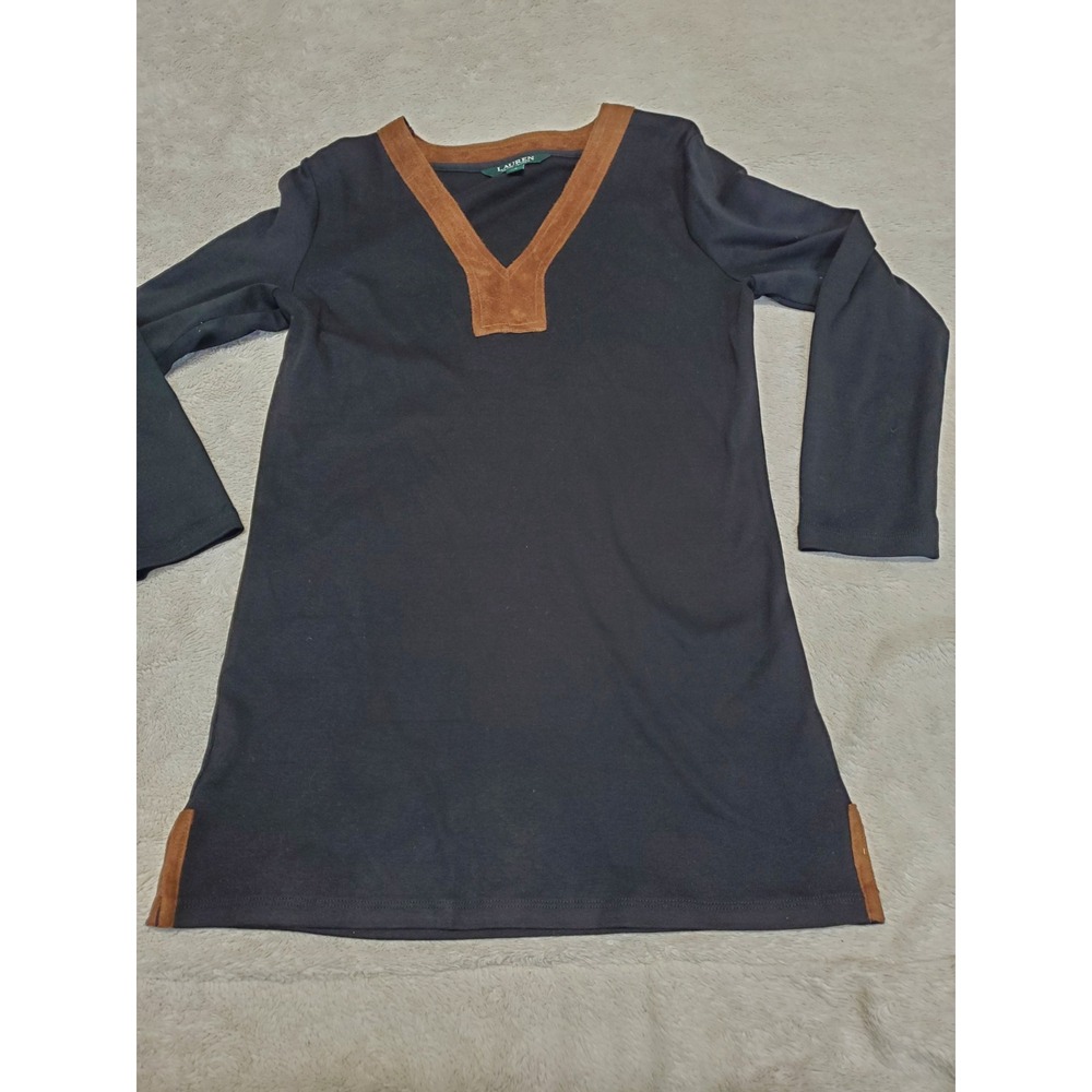 Lauren Ralph Lauren Black Tan Long Sleeve Tunic Top Small Classic Casual Basic